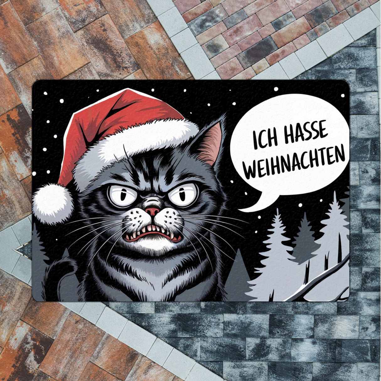 Grimmige Katze mit Weihnachtsmütze - Ich hasse Weihnachten Fußmatte in 35x50 cm ohne Rand