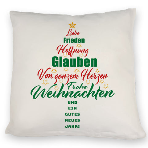 Christbaum Kissen mit Spruch Frohe Weihnachten und gutes neues Jahr