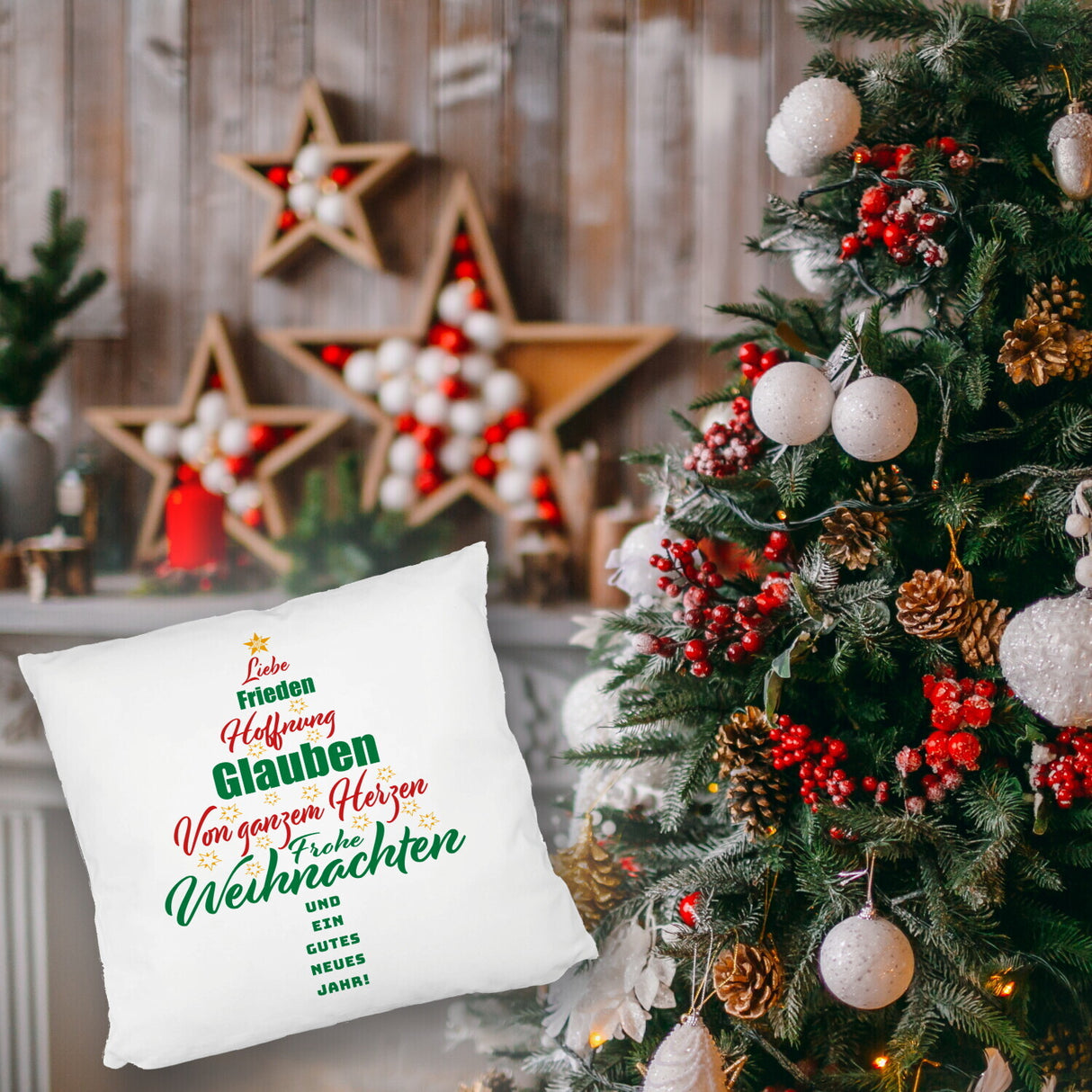 Christbaum Kissen mit Spruch Frohe Weihnachten und gutes neues Jahr