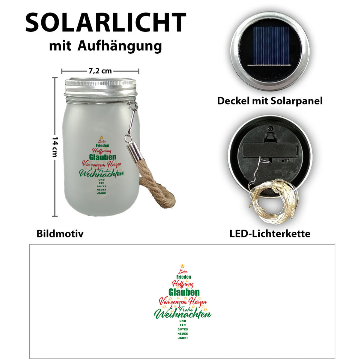 Christbaum Solarlicht mit Spruch Frohe Weihnachten und gutes neues Jahr