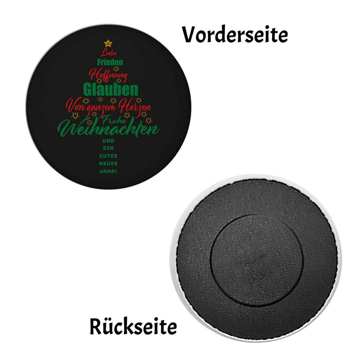 Christbaum Magnet rund mit Spruch Frohe Weihnachten und gutes neues Jahr