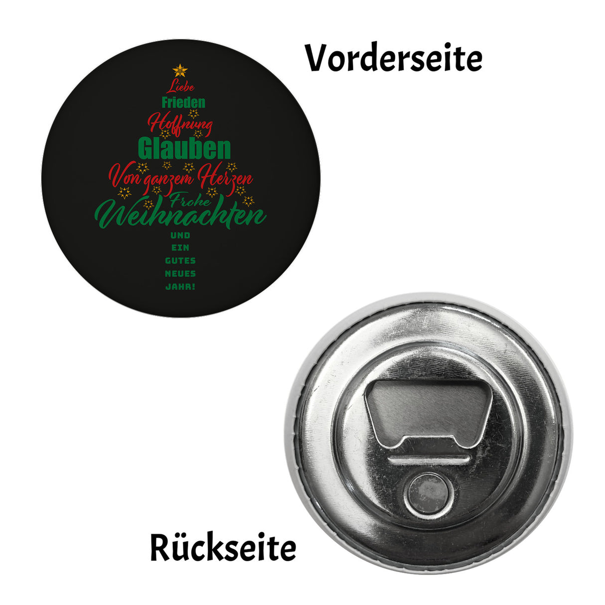 Christbaum Magnet rund mit Spruch Frohe Weihnachten und gutes neues Jahr