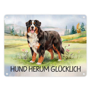 Berner Sennenhund auf der Wiese Metallschild in 15x20 cm mit Spruch Hund herum Glücklich