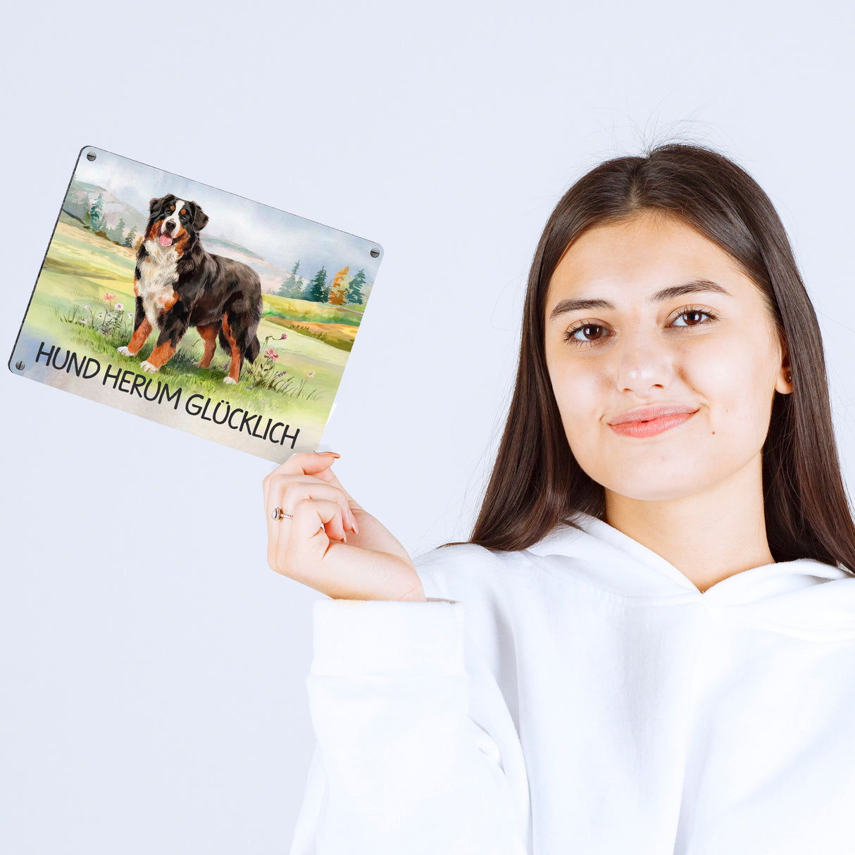 Berner Sennenhund auf der Wiese Metallschild in 15x20 cm mit Spruch Hund herum Glücklich