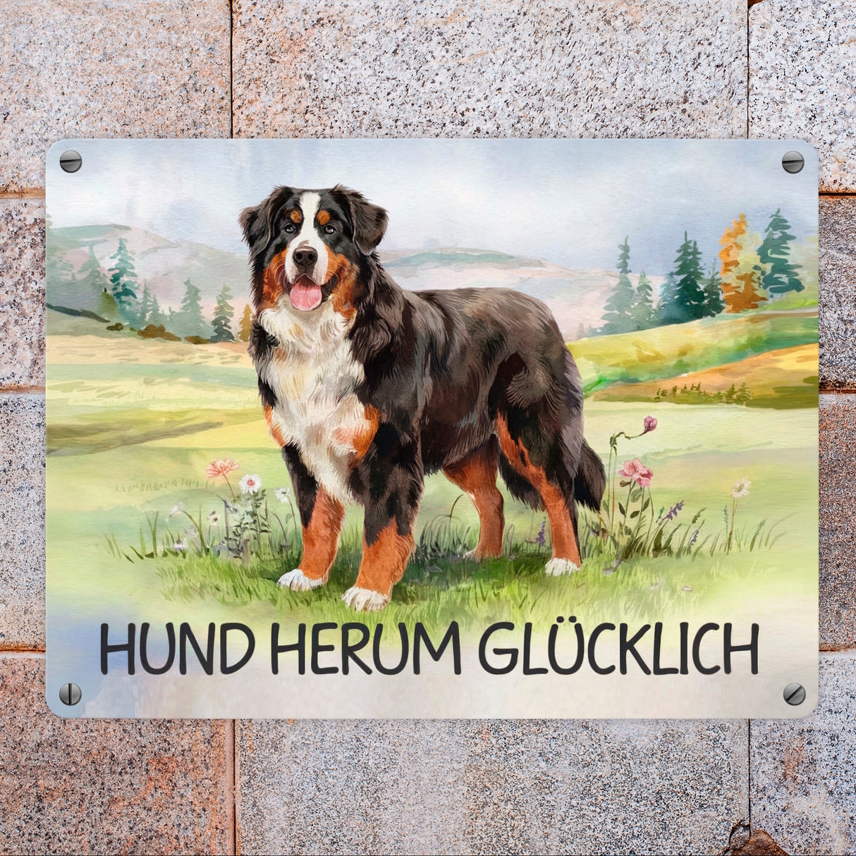 Berner Sennenhund auf der Wiese Metallschild in 15x20 cm mit Spruch Hund herum Glücklich