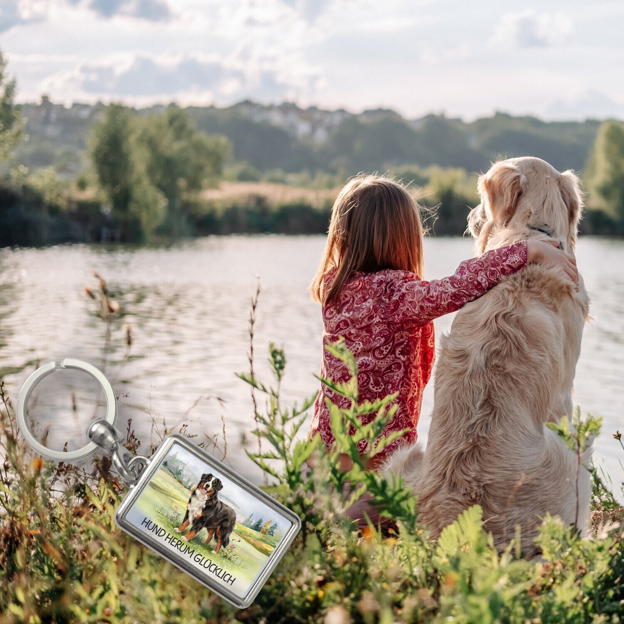 Berner Sennenhund auf der Wiese - Glücklich Schlüsselanhänger