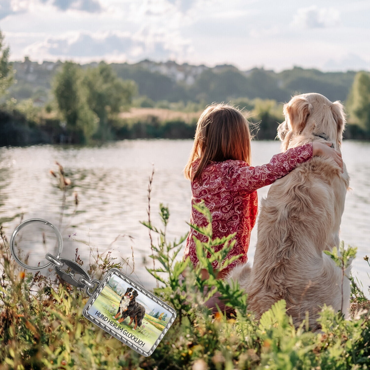 Berner Sennenhund auf der Wiese - Glücklich Schlüsselanhänger