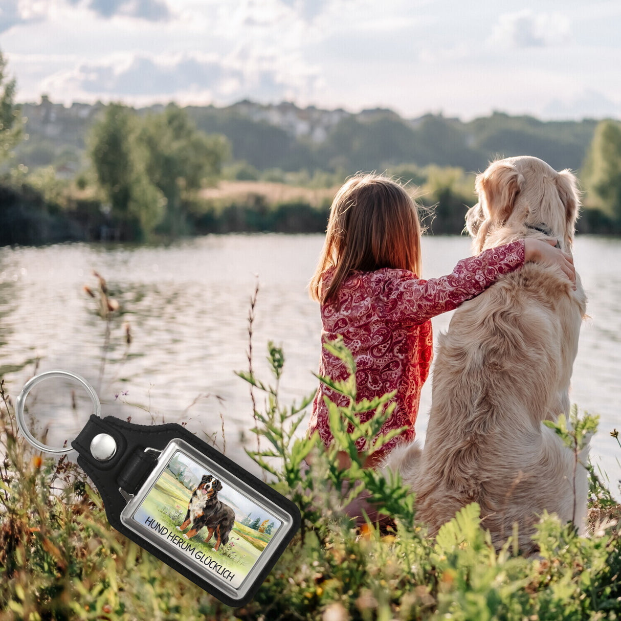 Berner Sennenhund auf der Wiese - Glücklich Schlüsselanhänger