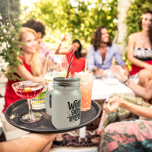 Weinglas mit Lächeln Trinkglas mit Bambusdeckel - Wein geht immer