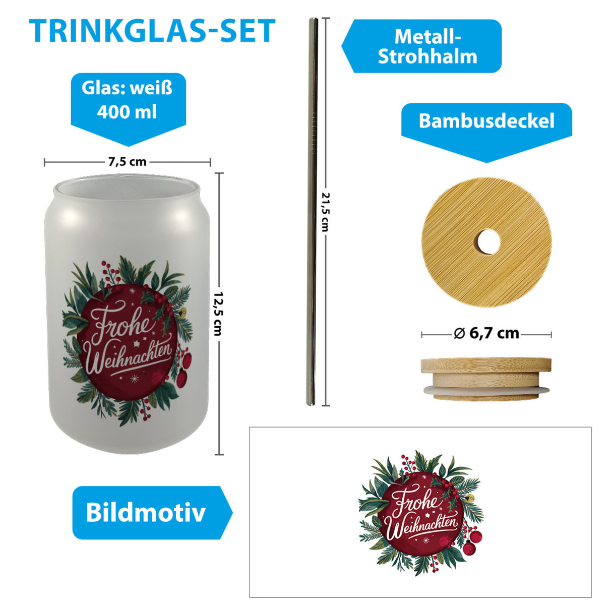 Frohe Weihnachten - Weihnachtsdesign Trinkglas mit Bambusdeckel