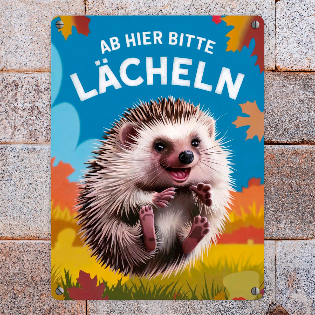 Fröhlicher Igel - Ab hier lächeln Metallschild in 15x20 cm