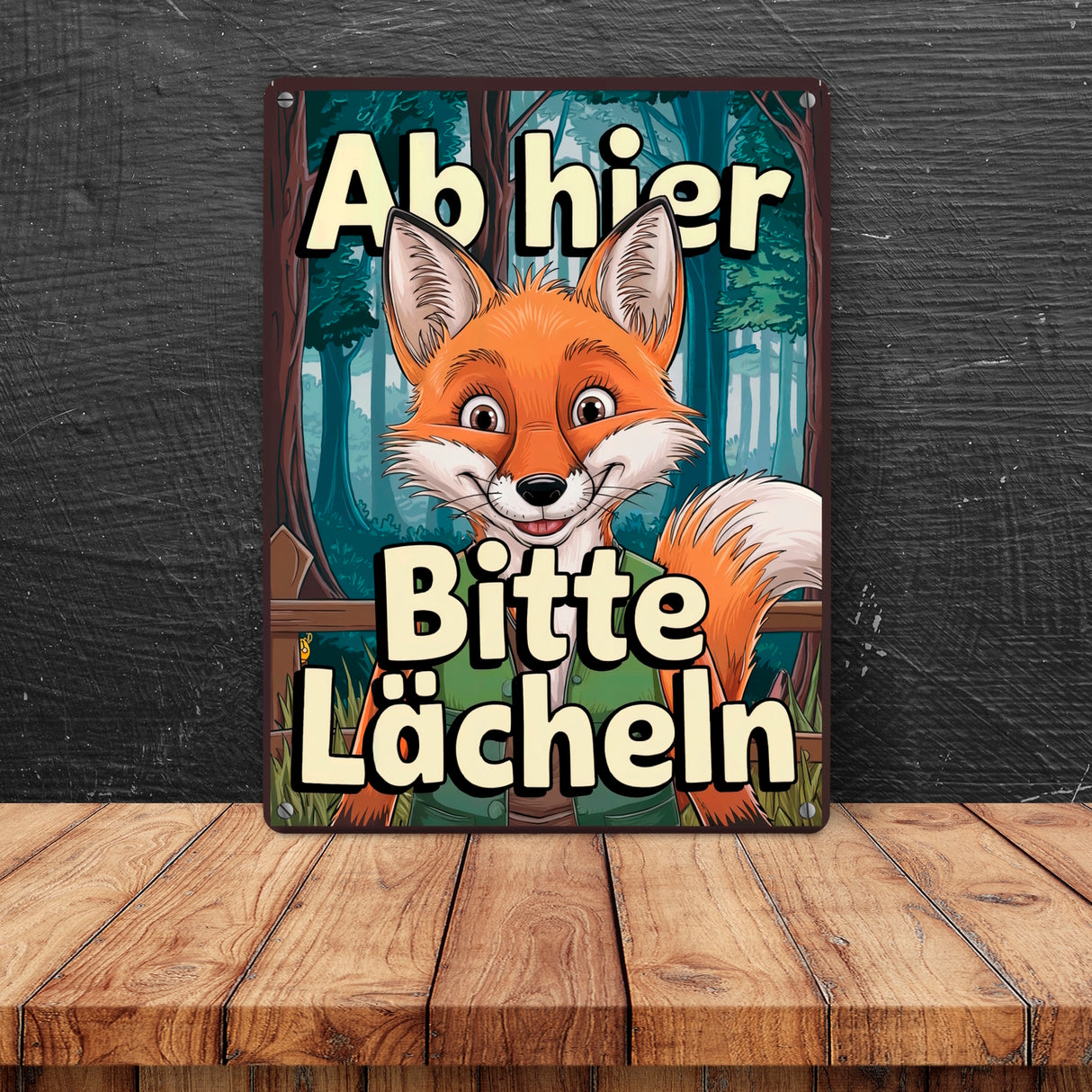 Lächelnder Fuchs im Wald Metallschild in 15x20 cm - Bitte lächeln