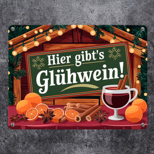 Hier gibts Glühwein Weihnachtsmarkt Metallschild in 15x20 cm