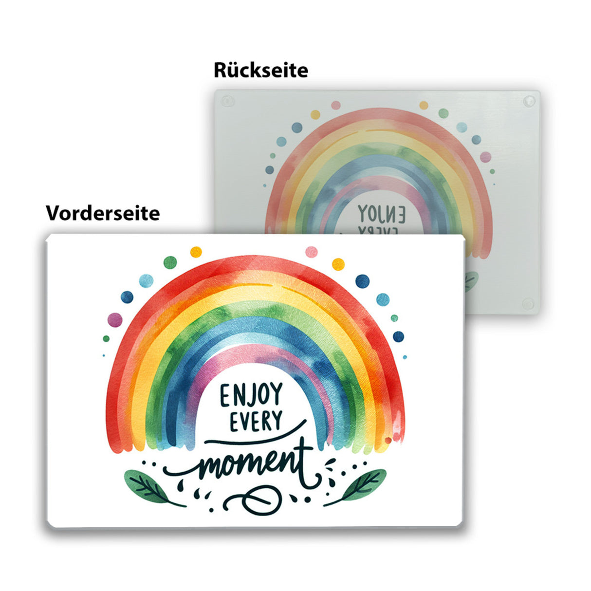 Regenbogen Schneidebrett aus Glas mit Spruch Enjoy every moment