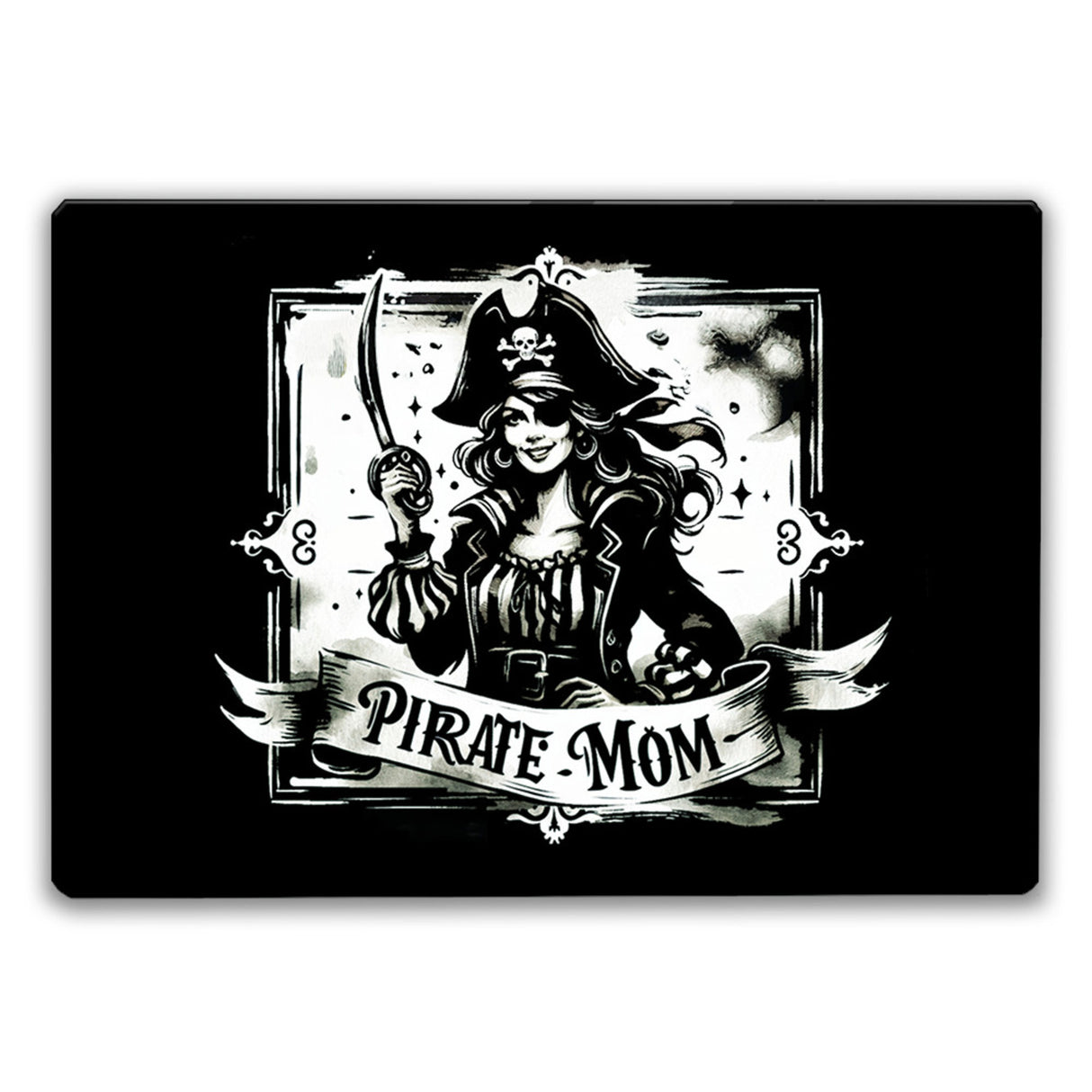 Piratenbraut mit Säbel Schneidebrett aus Glas mit Spruch Pirate Mom