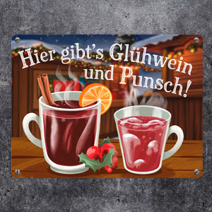 Hier gibts Glühwein und Punsch Metallschild in 15x20 cm