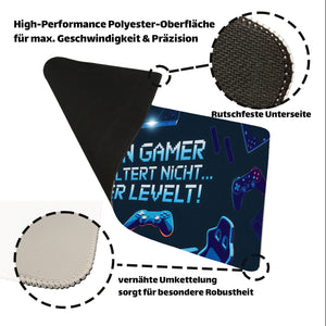 Ein Gamer altert nicht - Er levelt Schreibtischunterlage 69x31cm XXL Mauspad