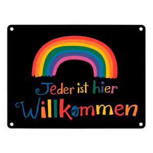 Jeder ist hier Willkommen Regenbogen Metallschild in 15x20 cm