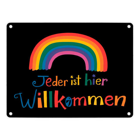 Jeder ist hier Willkommen Regenbogen Metallschild in 15x20 cm