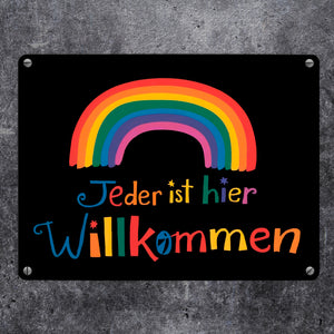 Jeder ist hier Willkommen Regenbogen Metallschild in 15x20 cm