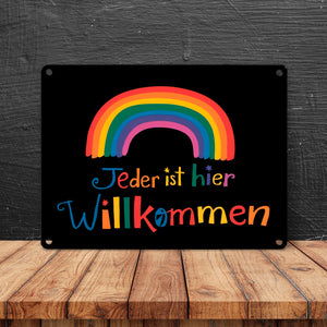 Jeder ist hier Willkommen Regenbogen Metallschild in 15x20 cm