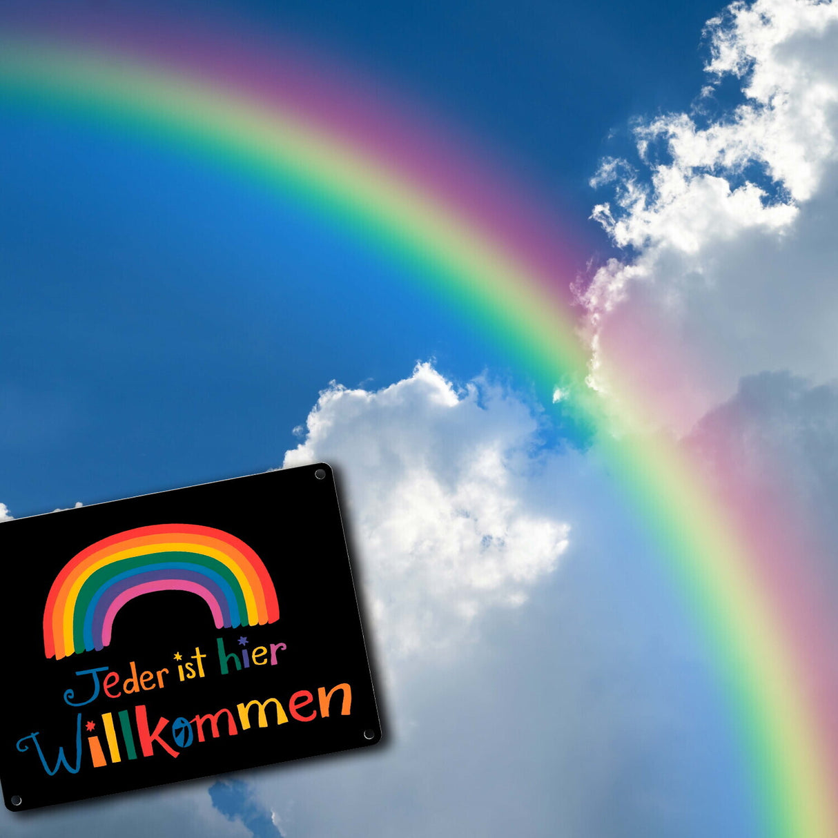 Jeder ist hier Willkommen Regenbogen Metallschild in 15x20 cm