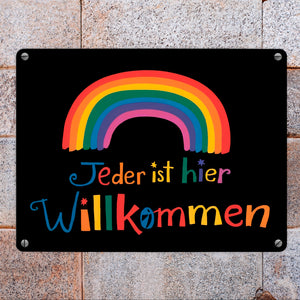 Jeder ist hier Willkommen Regenbogen Metallschild in 15x20 cm