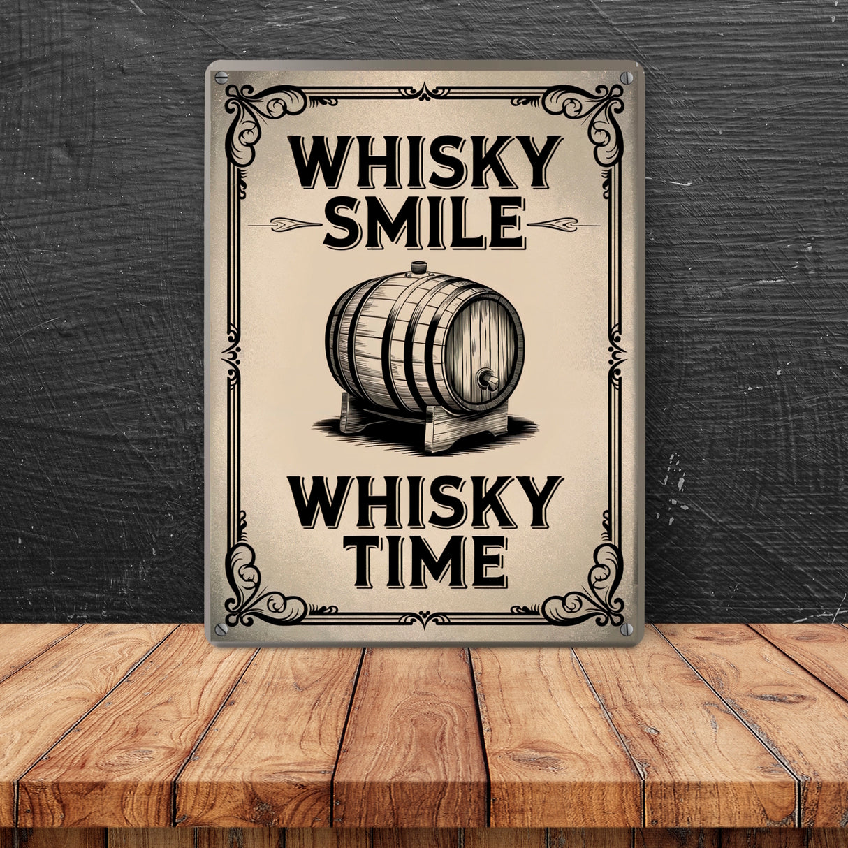 Holzfass Illustration - Whisky Smile Whisky Time Metallschild in 15x20 cm