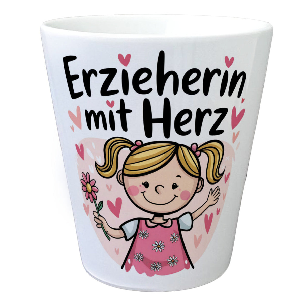 Fröhliches Cartoon-Mädchen Erzieherin mit Herz Blumentopf