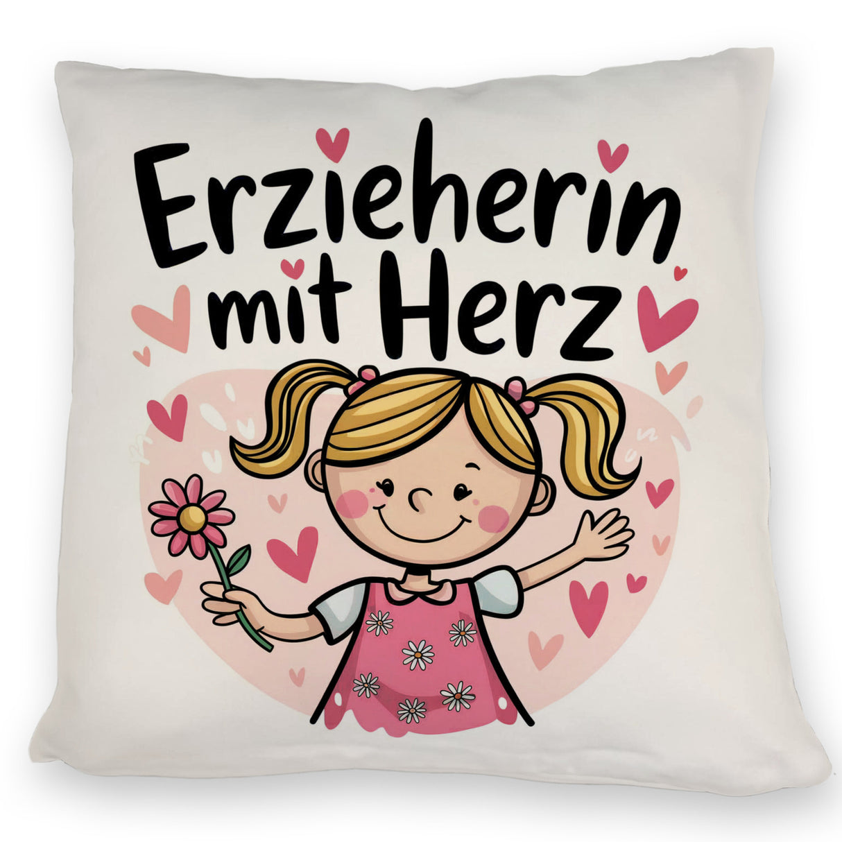 Fröhliche Cartoon-Figur - Erzieherin mit Herz Kissen