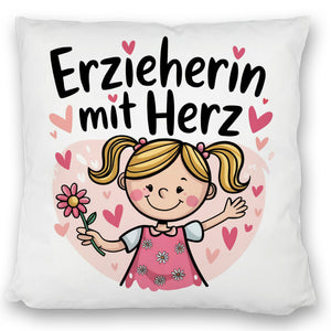 Fröhliche Cartoon-Figur - Erzieherin mit Herz Kissen