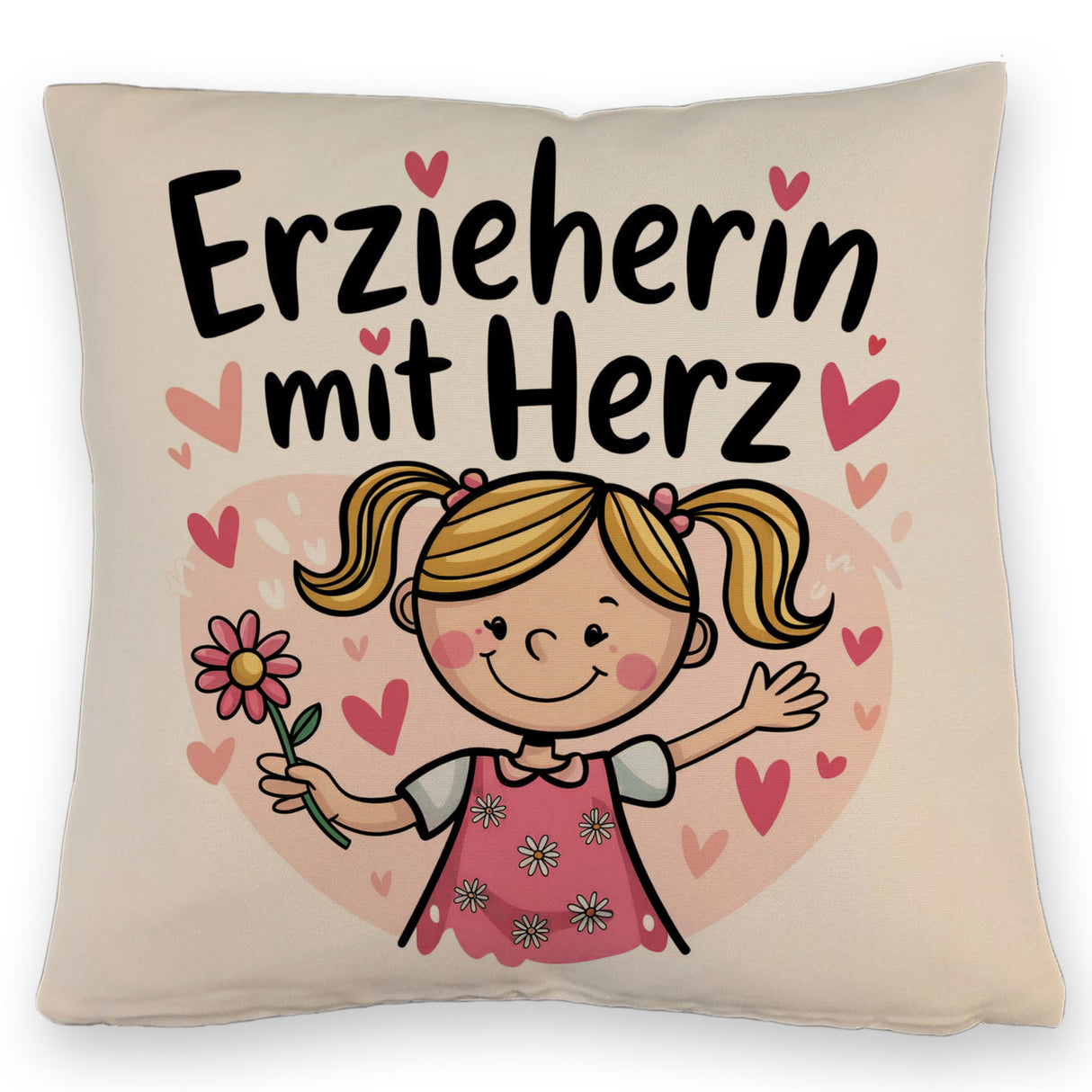 Fröhliche Cartoon-Figur - Erzieherin mit Herz Kissen