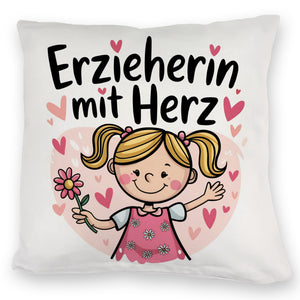 Fröhliche Cartoon-Figur - Erzieherin mit Herz Kissen