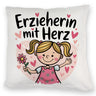 Fröhliche Cartoon-Figur - Erzieherin mit Herz Kissen