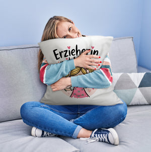 Fröhliche Cartoon-Figur - Erzieherin mit Herz Kissen