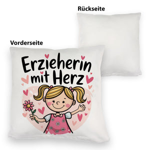 Fröhliche Cartoon-Figur - Erzieherin mit Herz Kissen