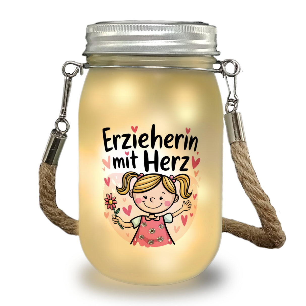 fröhliches Cartoon-Mädchen Erzieherin mit Herz Solarlicht