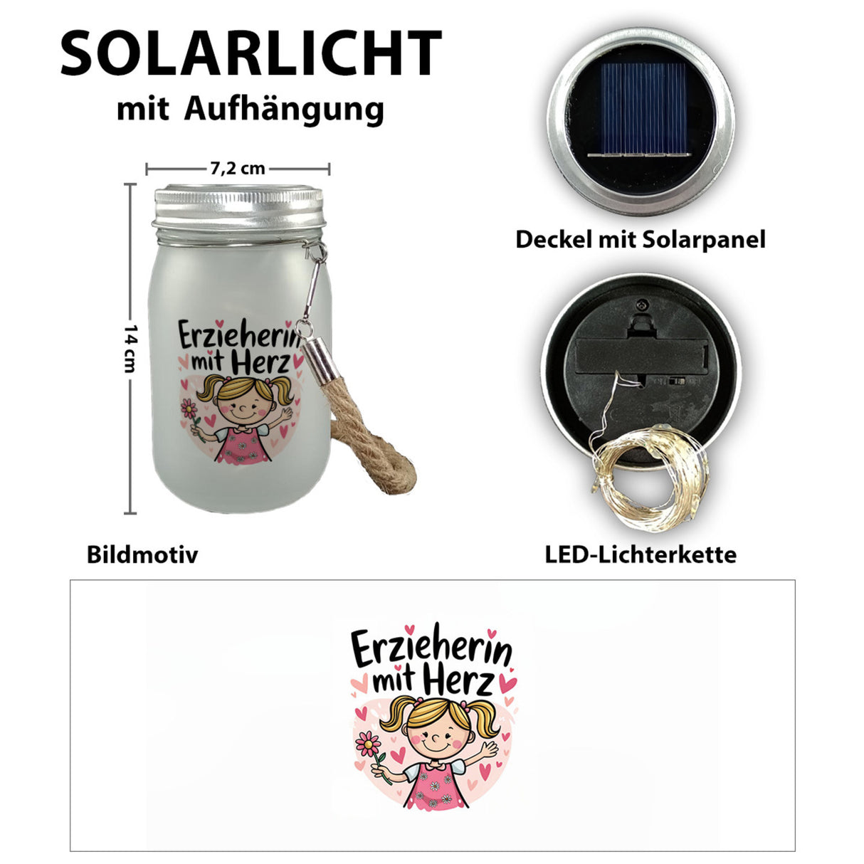 fröhliches Cartoon-Mädchen Erzieherin mit Herz Solarlicht