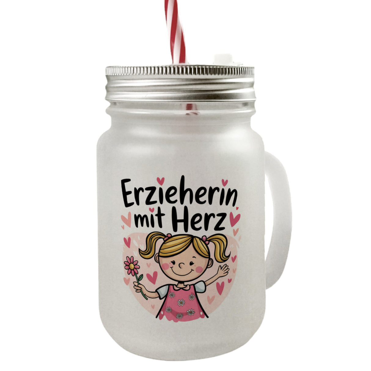 fröhliches Cartoon-Mädchen Erzieherin mit Herz Trinkglas mit Bambusdeckel