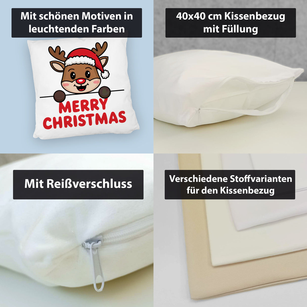 Niedliches Rentier mit Mütze - Merry Christmas Kissen