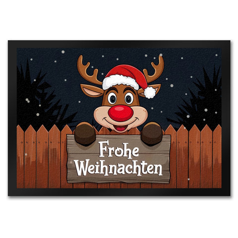 Rentier mit Weihnachtsmannmütze - Frohe Weihnachten Fußmatte in 35x50 cm