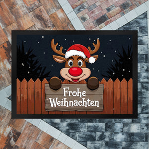 Rentier mit Weihnachtsmannmütze - Frohe Weihnachten Fußmatte in 35x50 cm