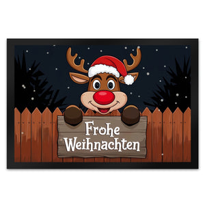 Rentier mit Weihnachtsmannmütze - Frohe Weihnachten Fußmatte in 35x50 cm