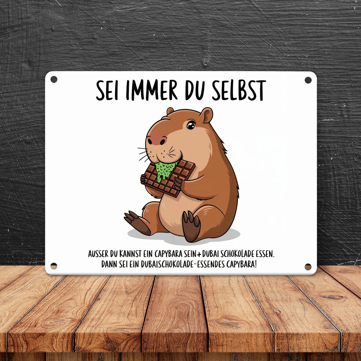 Capybara frisst Dubai-Schokolade Metallschild in 15x20 cm - Sei immer du selbst