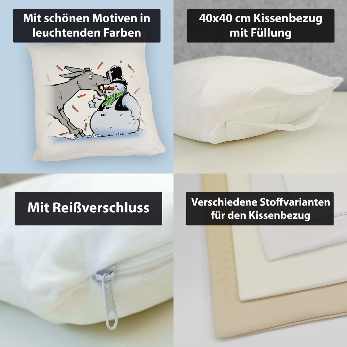 Kissen Schneemann &amp; Esel - Weihnachtsdeko mit Humor