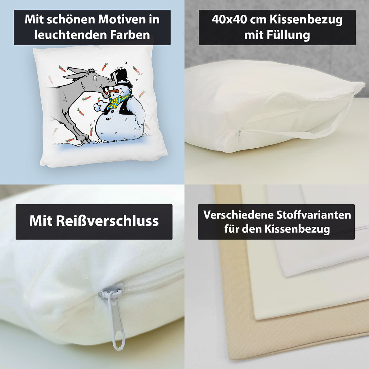 Kissen Schneemann &amp; Esel - Weihnachtsdeko mit Humor