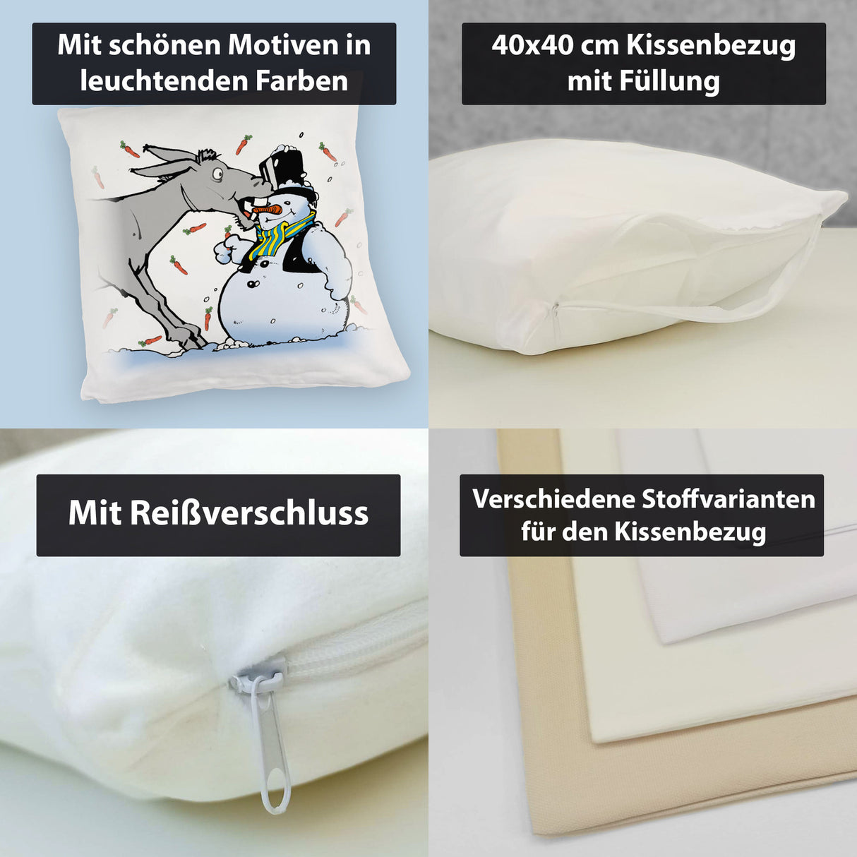 Kissen Schneemann &amp; Esel - Weihnachtsdeko mit Humor