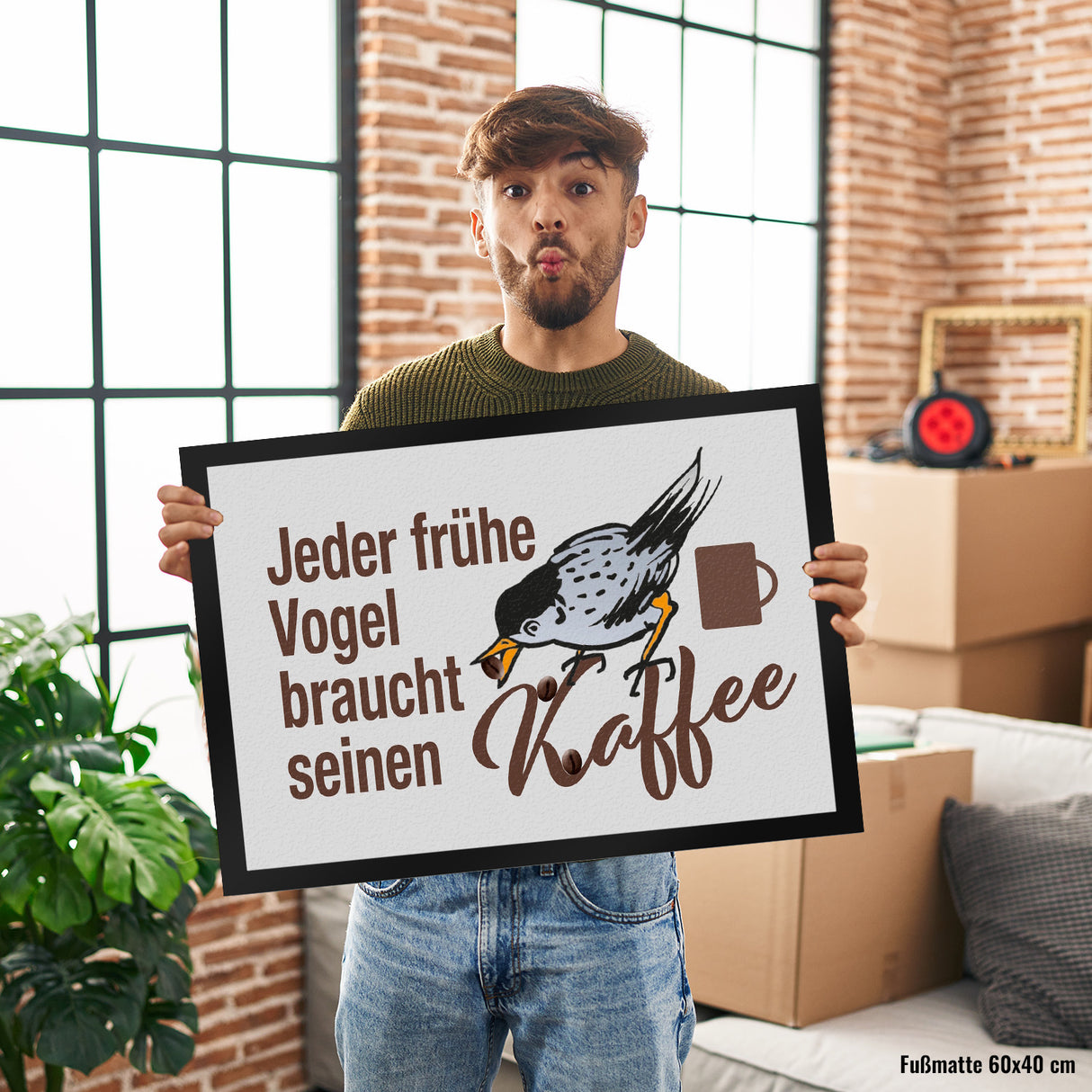 Jeder frühe Vogel braucht Kaffee Fußmatte in 35x50 cm