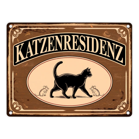 Schwarze Katze mit Mäusen Katzenresidenz Metallschild in 15x20 cm