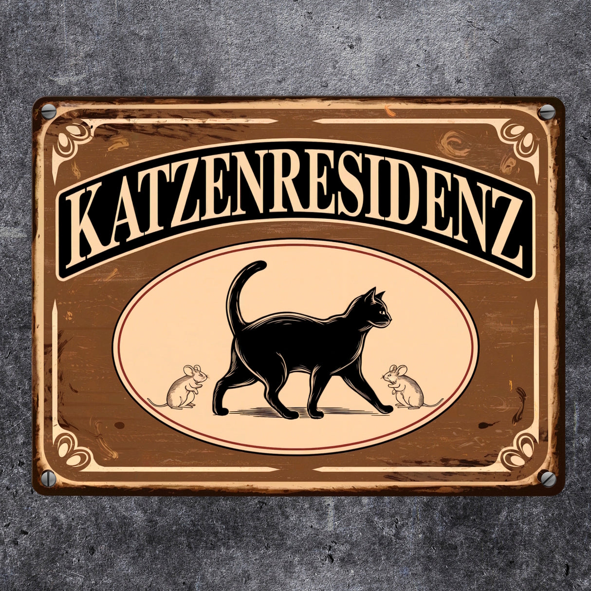 Schwarze Katze mit Mäusen Katzenresidenz Metallschild in 15x20 cm